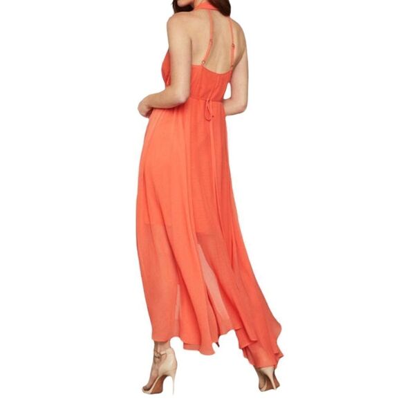 BCBGMAXAZRIA Chiffon Faux Wrap High Low Halter Dress Tie At Waist Salmon XS - Picture 3 of 6
